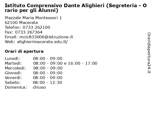 Orari di apertura Istituto Comprensivo Dante Alighieri